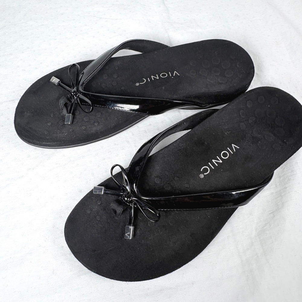 Vionic Bella II Black Patent Orthotic Bow Sandals Womens 9.5 Flip Flops Chic